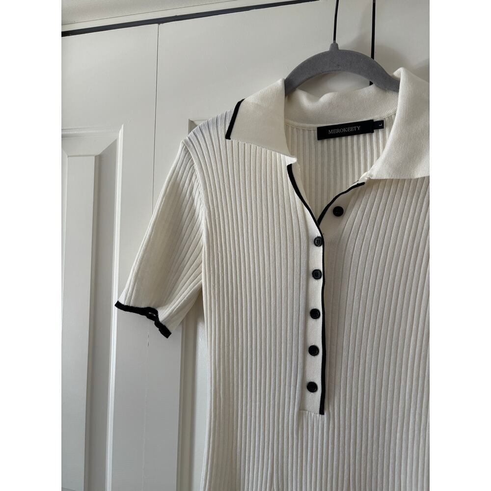 Merokeety Women’s
 Ribbed Knit Polo Sweater Dress Size Large Black Trim Midi - Picture 3 of 7